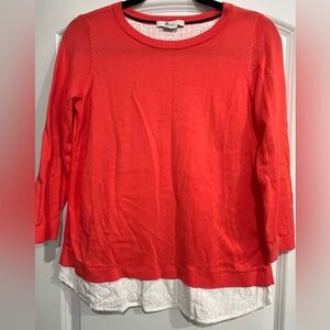 Boden Coral Orange Knit Top Sweater with White Eyelet Lace Detail Split Back XS